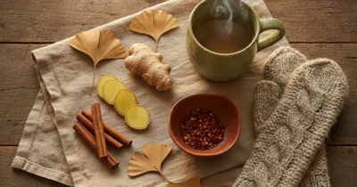 Flat lay vue du dessus : gingembre frais, bâtons de cannelle, feuilles de ginkgo séchées, tisane au gingembre et moufles en laine sur nappe beige