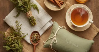 Règles abondantes : remèdes naturels - tisane d'ortie et plantes hémostatiques sur surface rustique