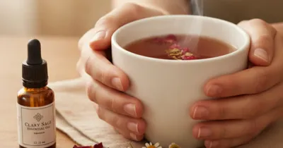 Mains tenant une tasse de tisane de framboisier avec pétales de rose et sauge sclarée pour les règles irrégulières