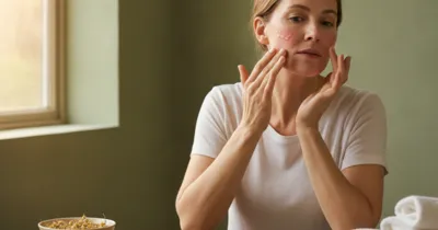 Femme appliquant du gel d'aloe vera sur ses joues rouges pour calmer la rosacée
