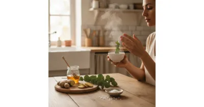 Sinusite remèdes naturels - femme respirant l'inhalation d'eucalyptus en cuisine, remèdes de grand-mère sur la table