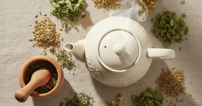 Infusion de plantes apaisantes pour calmer les spasmes intestinaux — menthe poivrée, fenouil et camomille sur une table en lin naturel