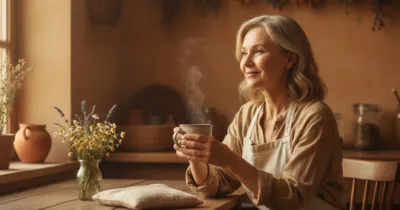 Femme tenant une tisane réconfortante pour soulager le syndrome prémenstruel, atmosphère chaleureuse et apaisante