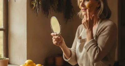 Femme dans sa cuisine appliquant un remède naturel sur son visage pour atténuer les taches brunes