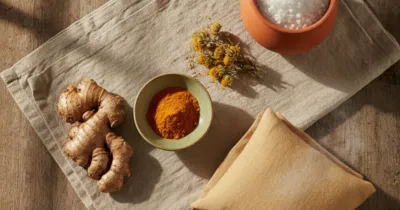 Flat lay de remèdes naturels contre la tendinite — gingembre, curcuma, arnica et sel d'Epsom sur tissu beige