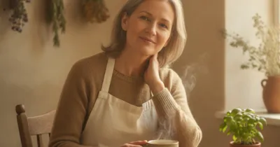 Femme dans sa cuisine massant son cou avec une tasse de tisane chaude, remèdes naturels contre le torticolis