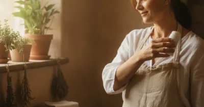 Femme appliquant un déodorant naturel dans sa salle de bain — remède de grand-mère contre la transpiration des aisselles