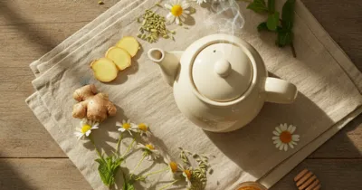 Tisane camomille-menthe, gingembre et fenouil sur plan de travail en bois, style flat lay chaleureux