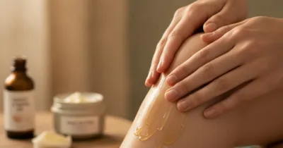 Mains massant de l'huile d'amande douce sur les cuisses — remèdes naturels contre les vergetures