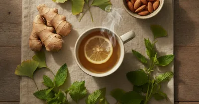 Flat lay de remèdes naturels contre les vertiges : gingembre, ginkgo biloba, mélisse et tisane sur surface boisée