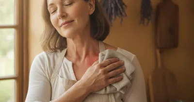 Femme d'une cinquantaine d'années appliquant une compresse froide sur son épaule, lumière douce du matin, cuisine de grand-mère