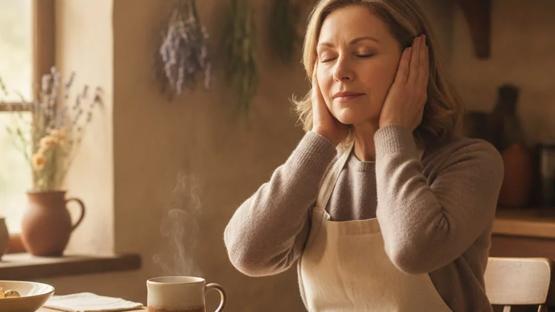 Femme cinquantenaire prenant une tisane de ginkgo biloba, mains posees sur ses oreilles pour soulager les acouphenes
