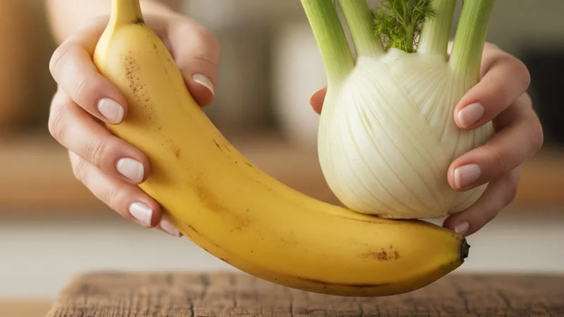 Banane et fenouil frais sur planche en bois rustique - aliments anti-ballonnement