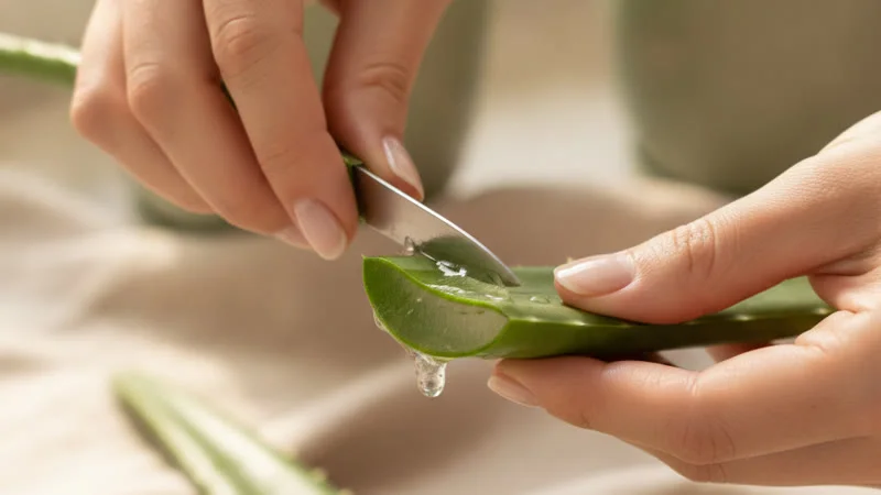 Couper une feuille d'aloe vera fraîche pour extraire le gel anti-taches brunes