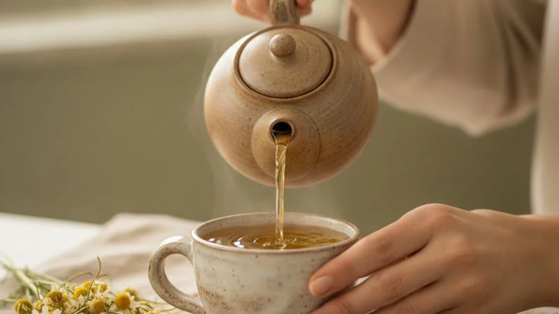 Infusion camomille et lavande versée dans une tasse avant le coucher