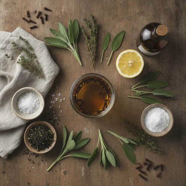 Ingrédients naturels pour bain de bouche maison : clous de girofle, sauge, sel, citron, thym, thé vert, vinaigre de cidre et bicarbonate en flat lay sur surface en bois