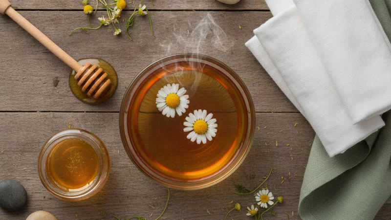 Ingrédients naturels pour soigner la blépharite : camomille, miel et compresses