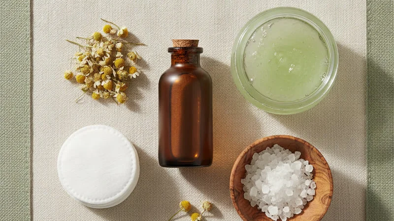 Remèdes naturels pour bouton dans le nez : huile essentielle d'arbre à thé, gel d'aloe vera, fleurs de camomille et cotton pads
