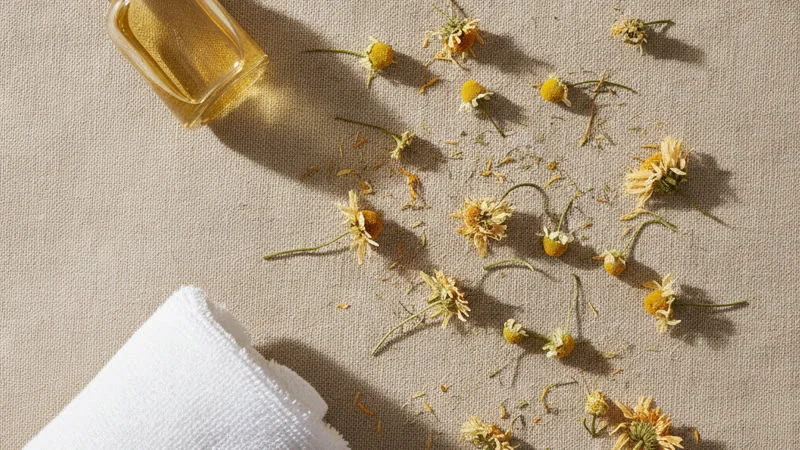 Fleurs de calendula et camomille, huile d'amande douce et serviette en coton pour apaiser les rapports douloureux