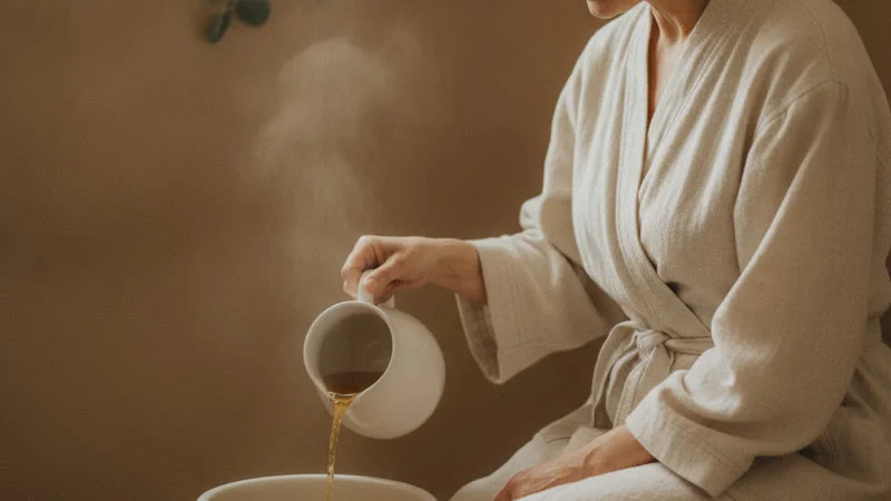 Femme préparant un bain de siège à la camomille pour soulager les douleurs intimes