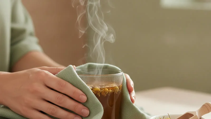 Femme enveloppant une tasse de tisane camomille dans une serviette chaude pour soulager les crampes d'estomac