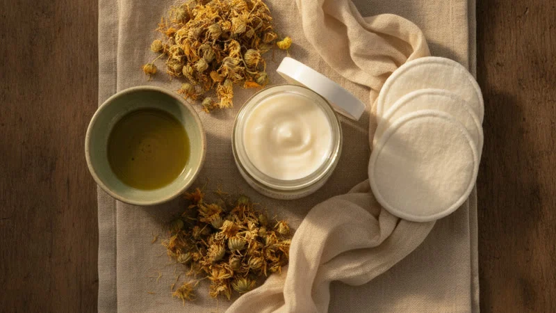Remèdes naturels pour crevasse mamelon : lanoline, calendula, huile d'olive et coussinets d'allaitement en coton