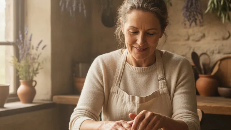 Femme massant ses mains fissurées avec un baume naturel au calendula dans sa cuisine
