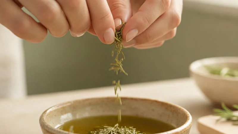 Mains émiettant des feuilles de romarin séchées dans un bol d'huile d'olive chaude