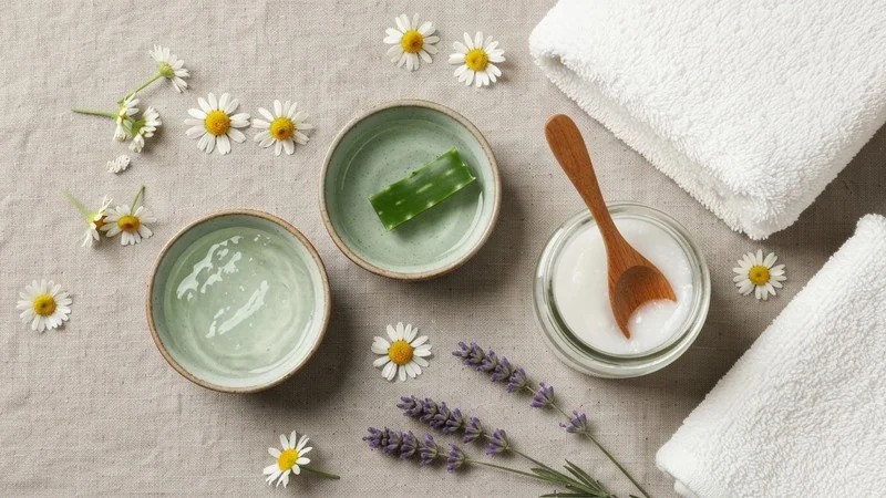 Remèdes naturels pour démangeaisons vulvaires — aloé vera, huile de coco, camomille et bicarbonate en flat lay sur lin naturel