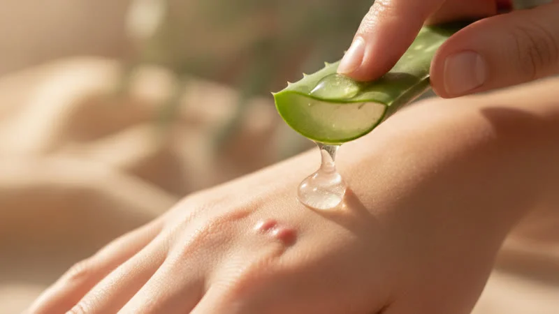 Gros plan mains tenant une feuille d'aloe vera fraîche pour soigner la dyshidrose