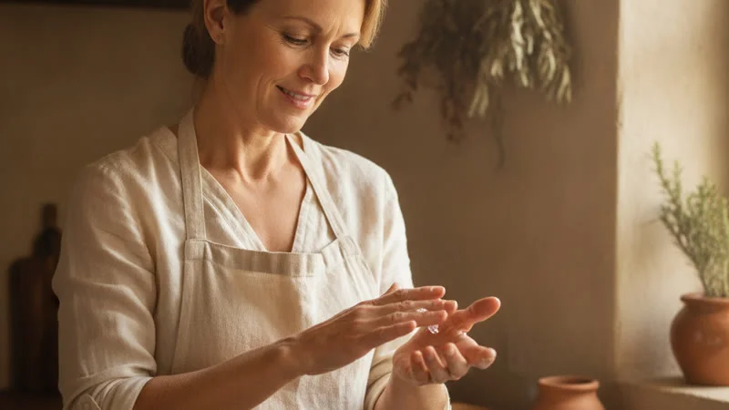 Femme appliquant du gel d'aloe vera sur des vésicules de dyshidrose aux mains