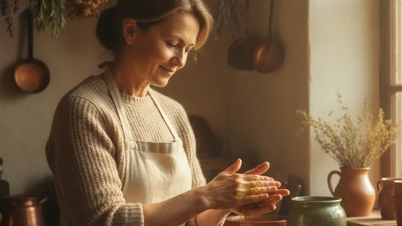 Femme massant ses mains avec une huile aux herbes apres le froid