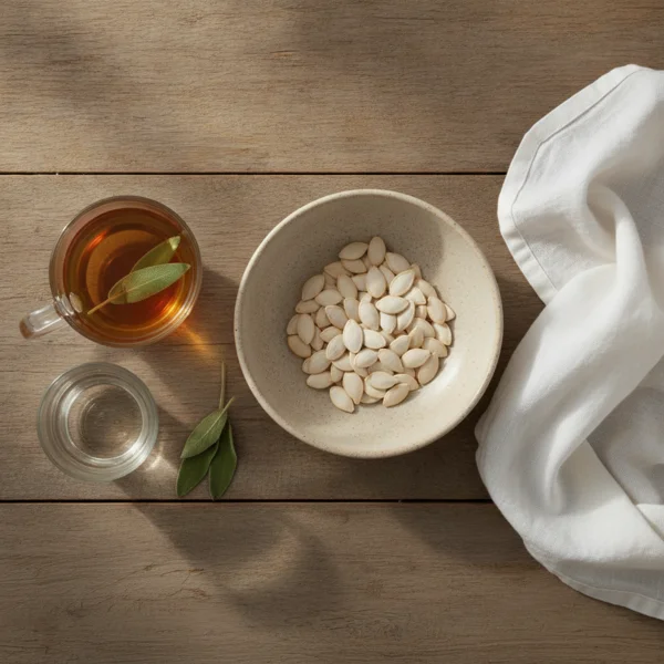 Graines de courge, tisane de sauge et verre d'eau sur table en bois