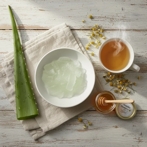 Préparation de remèdes naturels contre la gastrite - gel d'aloe vera, tisane de camomille et miel de Manuka