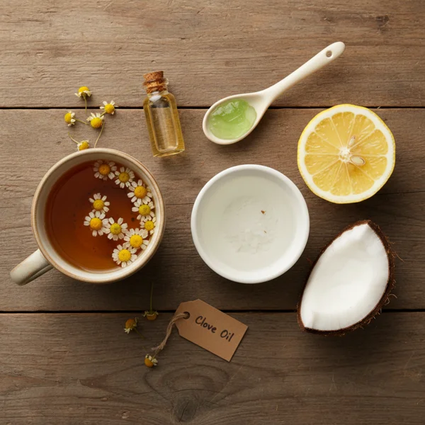Remèdes naturels pour gencives qui saignent - sel, camomille, huile essentielle de tea tree, clous de girofle, citron, aloe vera
