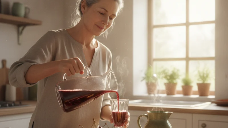 Femme versant un verre de jus de cerise pour soulager la goutte, cuisine chaleureuse