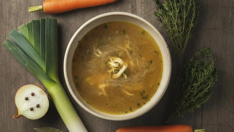 Ingrédients du bouillon de poule maison : carottes, poireau, oignon, thym et laurier sur bois rustique