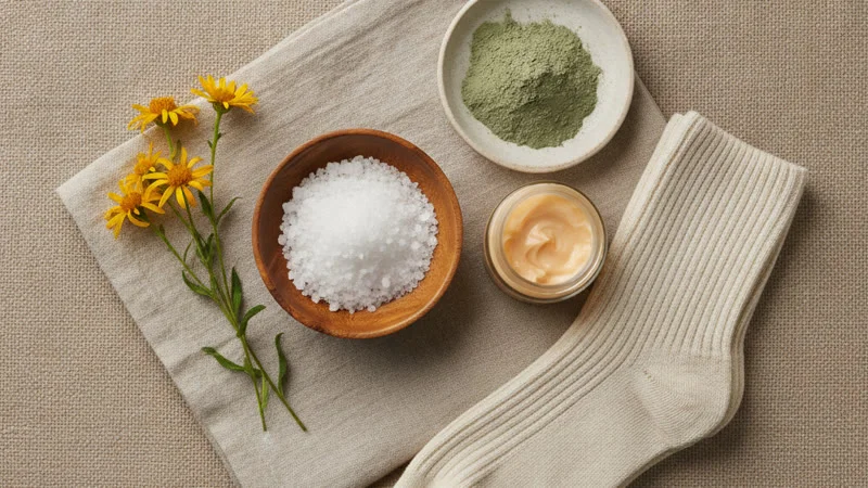 Ingrédients naturels pour soulager l'hallux valgus : sel d'Epsom, argile verte, arnica, calendula