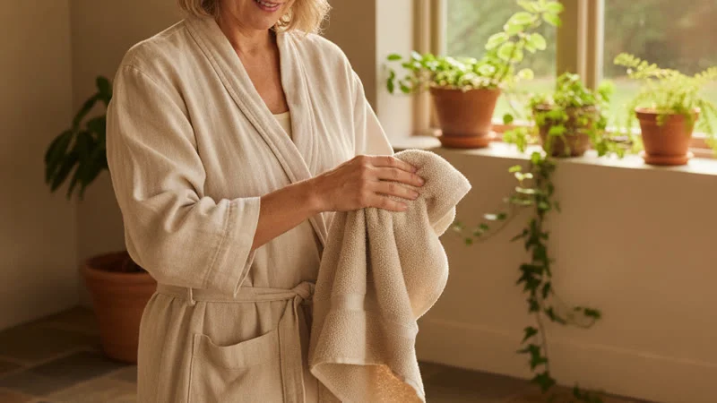 Femme séchant délicatement un pli cutané après la douche - prévention intertrigo