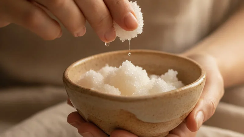 Mains tenant un bol de gommage naturel au sucre et huile de coco pour la kératose pilaire