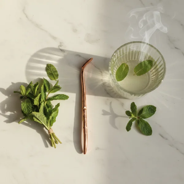 Gratte-langue en cuivre et feuilles de menthe fraîche pour le nettoyage de la langue