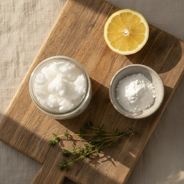 Ingrédients remèdes naturels : huile de coco, bicarbonate, thym et citron