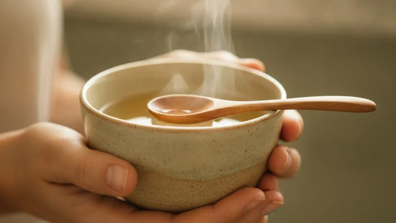 Bol de tisane chaude camomille-sauge avec cuillère en bois, gros plan apaisant