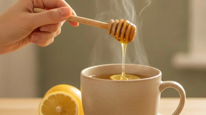 Cuillère en bois versant du miel doré dans une tasse de tisane gingembre-citron fumante