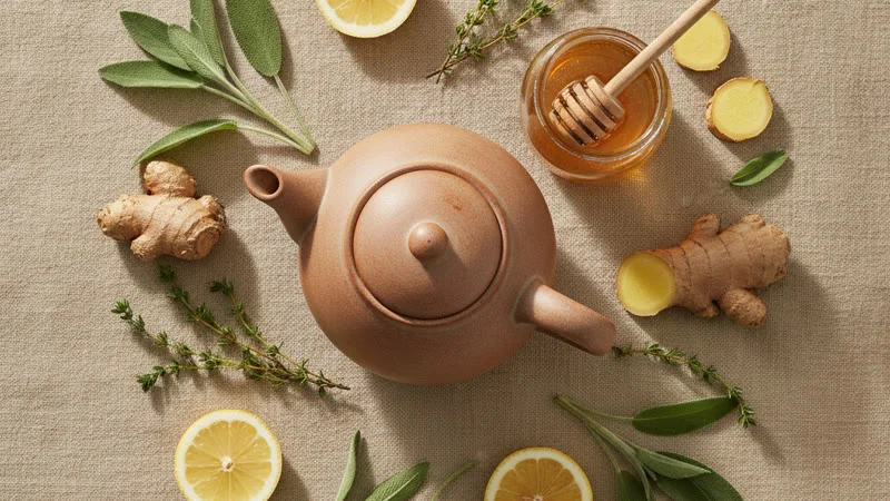 Sauge, thym, citron, gingembre et miel disposés à plat pour apaiser une laryngite