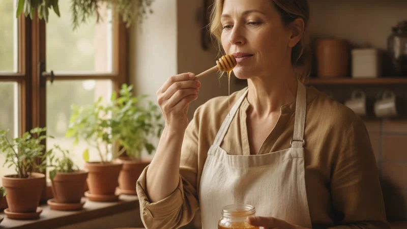 Femme appliquant du miel brut sur ses lèvres avec un bâton de miel