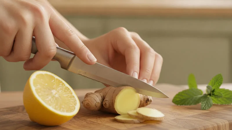 Mains tranchant du gingembre frais avec citron et menthe sur une planche en bois
