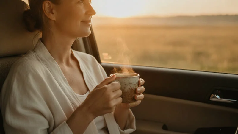 Femme regardant l'horizon par la fenêtre d'une voiture avec une tisane citron-gingembre