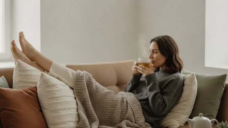 Femme allongée jambes surélevées en train de boire une tisane au gingembre — position recommandée en cas de malaise vagal