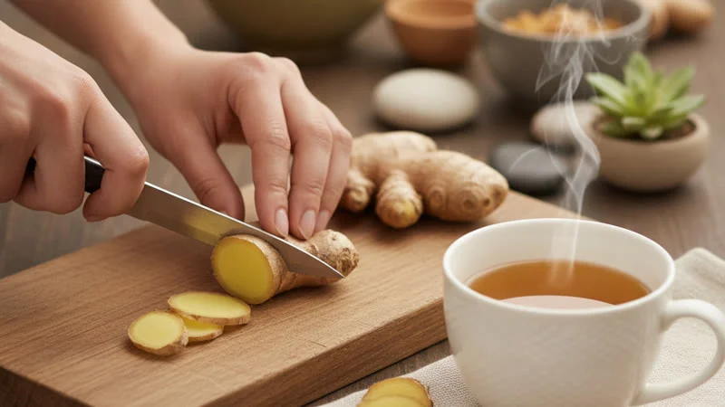 Mains préparant du gingembre frais et une infusion gingembre-miel contre la nausée après un malaise vagal